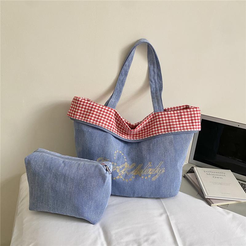 Women's Double-Sided Denim Bag Plaid Shoulder Tote Bag