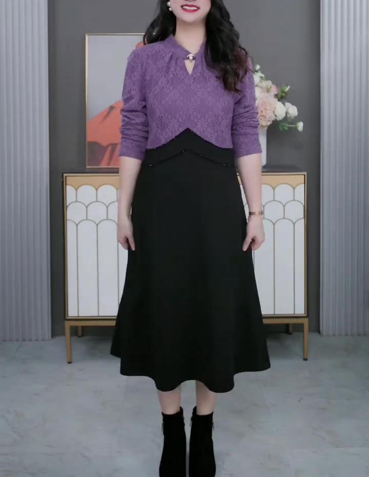 

Plus Size Slimming Lace Casual Dress for Middle-Aged Women 4XL (180-200 jin) фиолетовый