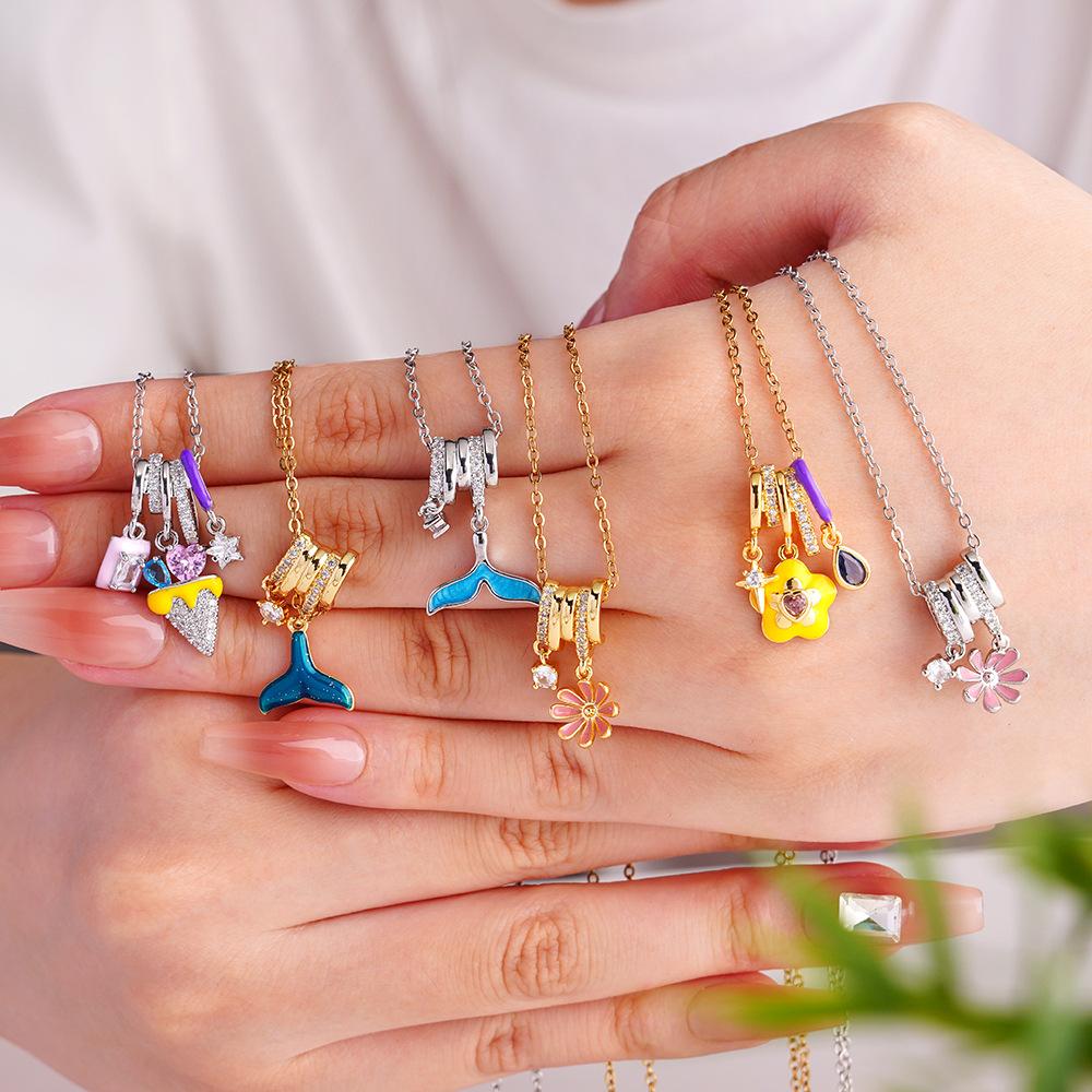 Fashion Zircon Daisy Fish Tail Ice Cream Charms Necklace for Women Girls Stainless Steel Chain Sweet Cute Jewelry Christmas Gift
