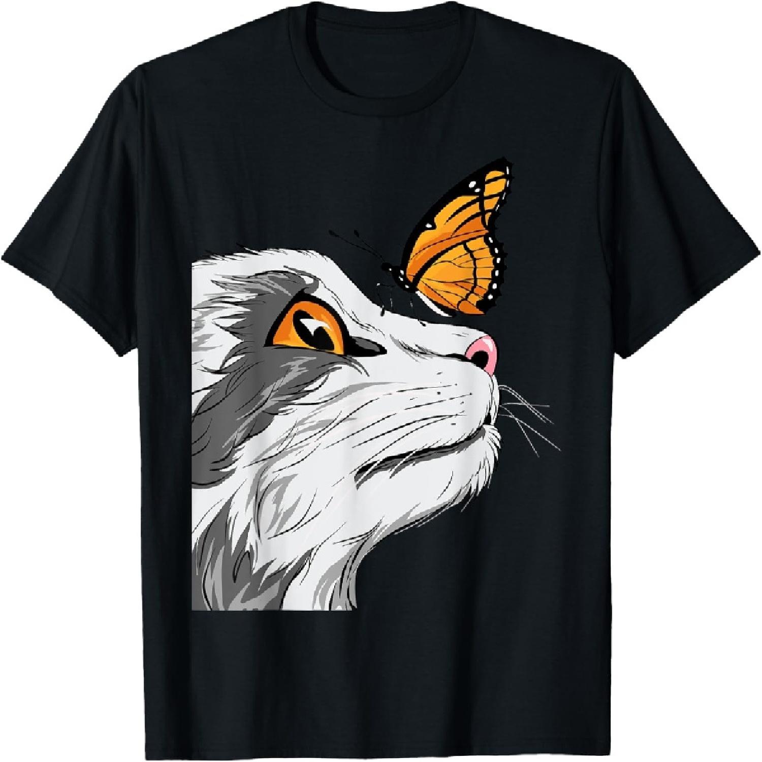 Cat With Monarch Butterfly On His Nose Butterfly Cat Lover T-Shirt S