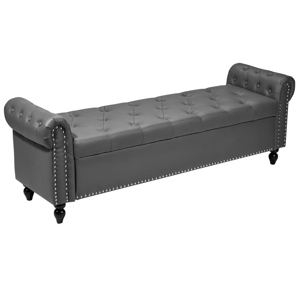 Button-Tufted Storage Ottoman Bench, Rolled Arm PU Leather Bench with Solid Wood Legs, Modern Shoe Benches Seat for Entryway, Upholstered End of Bed