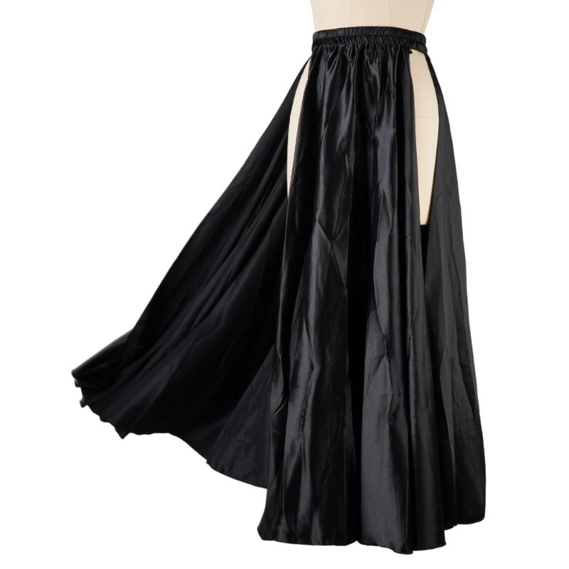 

Breathable Satins Split Skirt For Belly Dancing High Flexibility Stage Costume With Flowy Movement Dance Dress M чорний