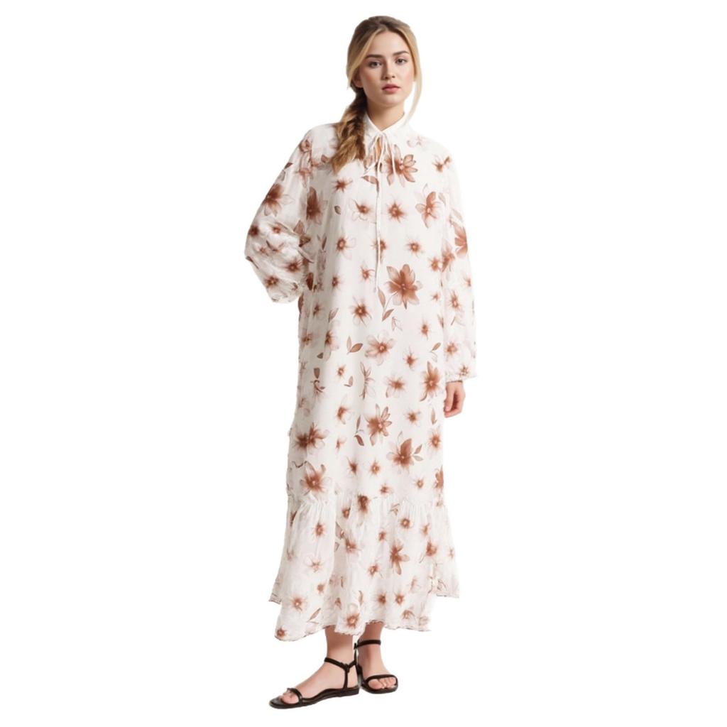 Women's Spring Fall French Romantic Tea Dress Vintage Floral Print Long Sleeve Tie V Neck Ruffle Hem Slim Fit Vacation Casual Maxi Dress