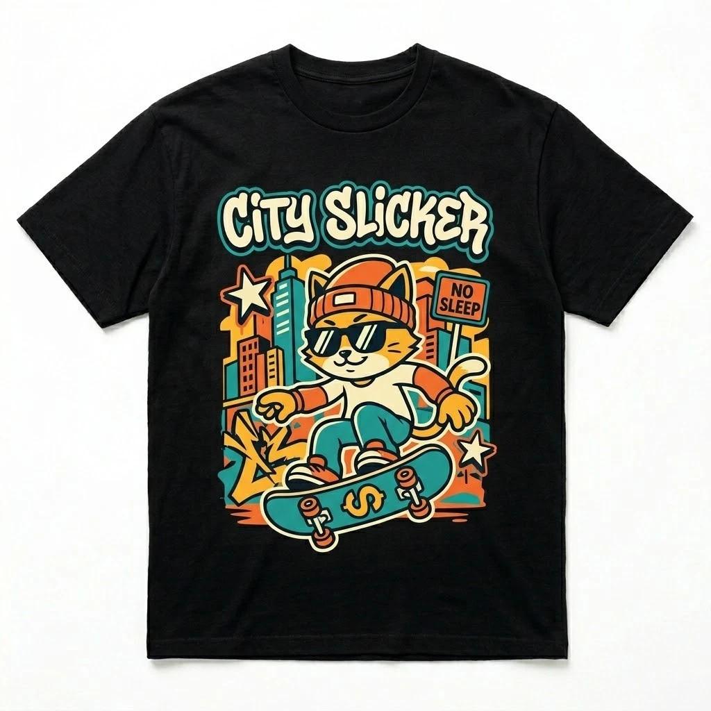 City Slicker Skater Cat T-Shirt - Retro Streetwear Urban Graphic Tee XS