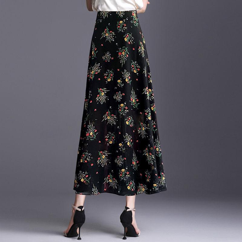 Damen Chiffon Halbrock Sommer A-Linienrock Blumengarnrock Hohe Taille Lockerer Rock Schlankheitslanger Rock