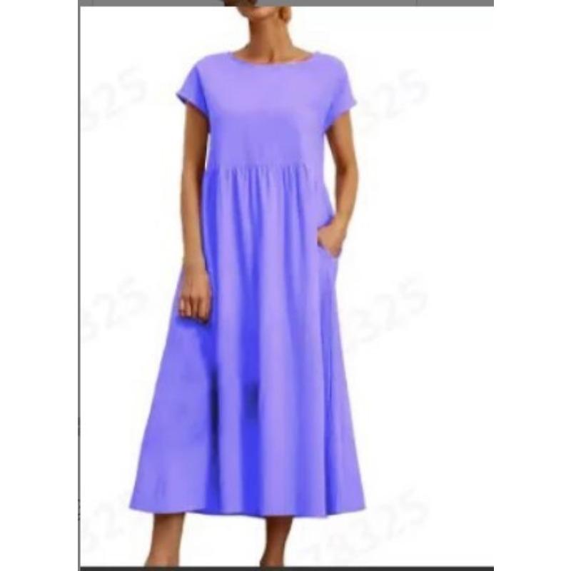 QICED Fashion Summer Spring Solid Color Print Short Sleeve O-Neck Casual Dresses