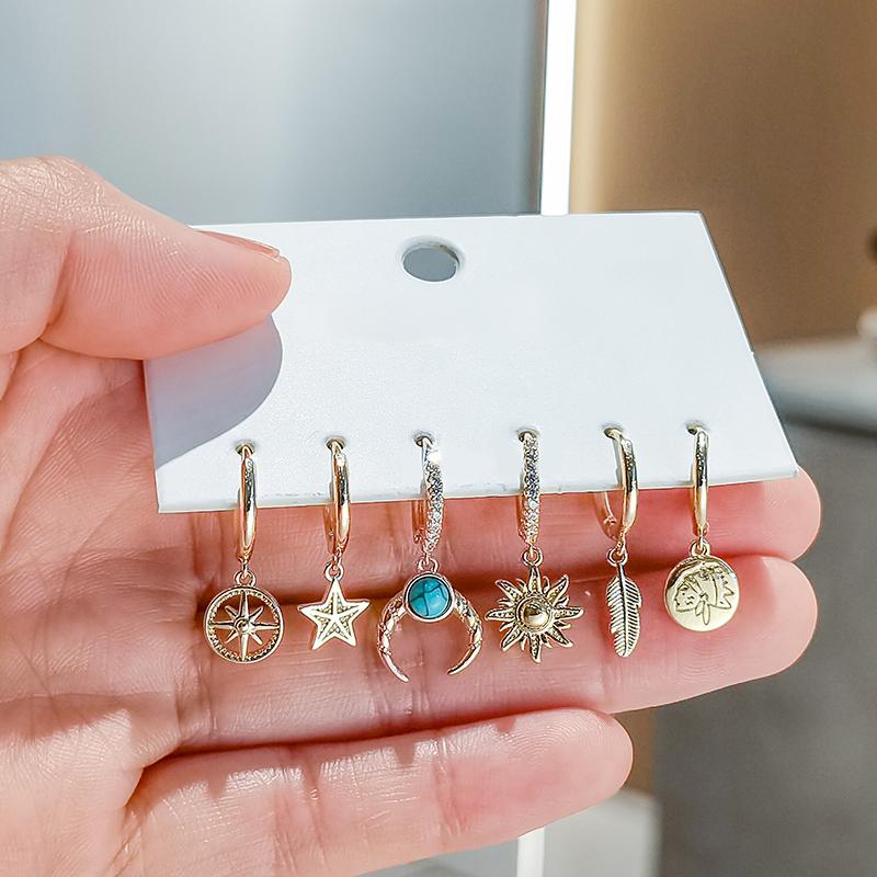 ANENJERY 6 Pieces/set Moon Sun Star Leaf Hoop Earrings Set Micro Zircon All-match Earrings for Women