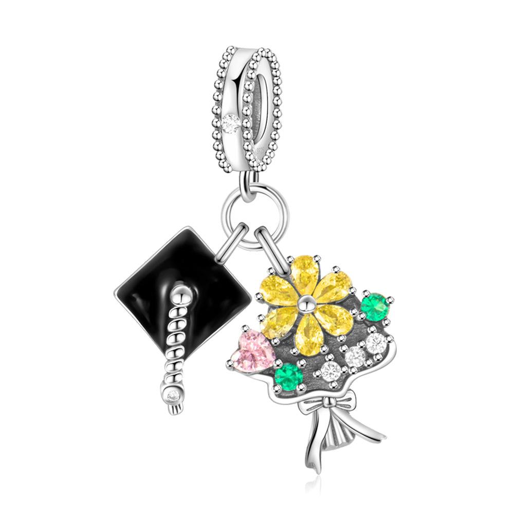 S925 Silver Graduation Beaded Bracelet Necklace DIY Kit With Cap Tassel Bouquet Charm Pendant For Commencement Gift