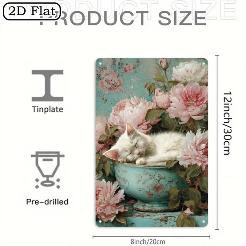 

x Inch Vintage Minimalist Sleeping Kitten Iron Sign Pink Rose Floral Soft Blue Background Home Cafe Bar Garage 20x30cm（7.8x11.8inch）