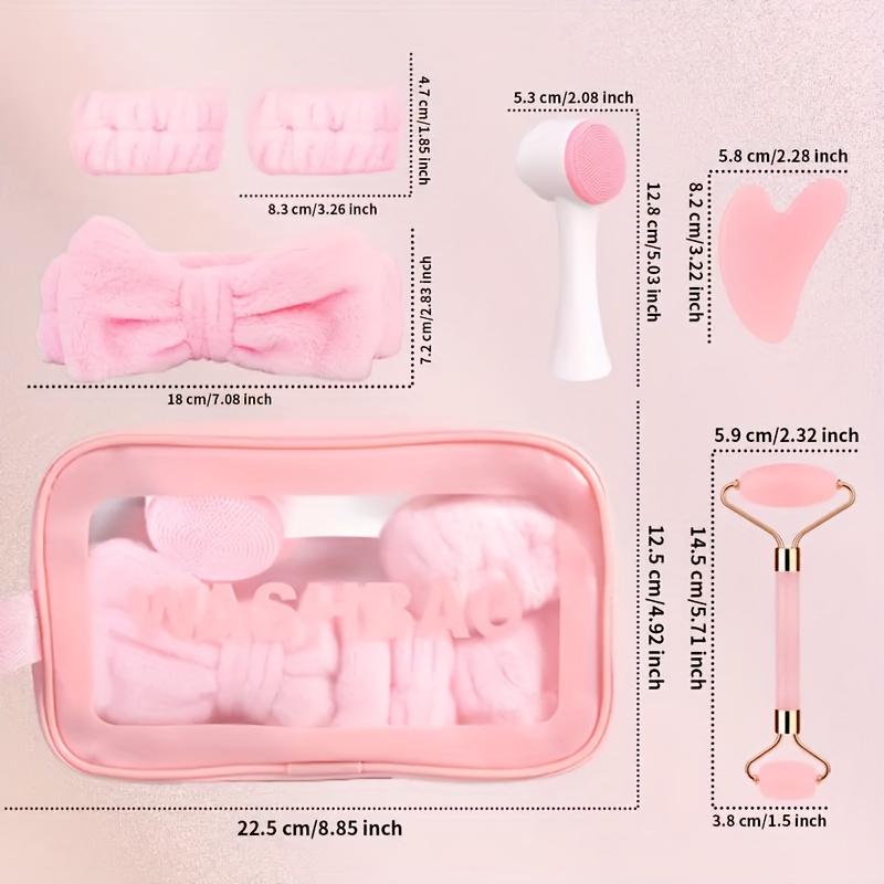 7-piece facial cleansing and massage set with a silicone dual-ended brush, dual-ended roller, and heart-shaped gua sha tool