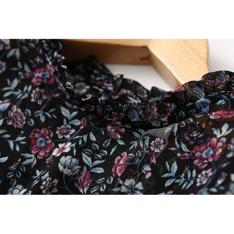 Foreign Trade Export Waist Hugging Slimming Elegant Stand Collar Retro Small Floral Long sleeve Chiffon Dress Two-piece Set Spring and Autumn