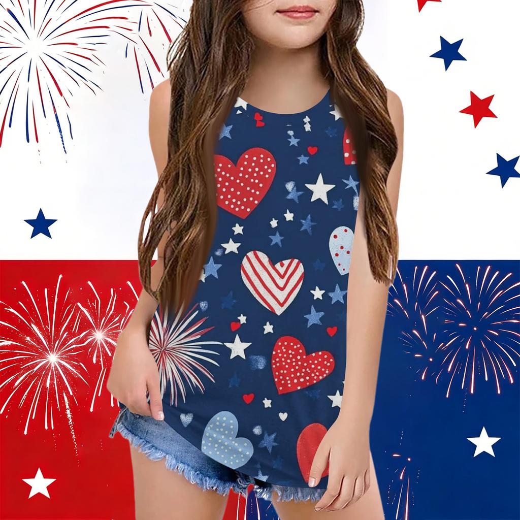 Girls  Kids Summer Crewneck Sleeveless Shirts Tank Tops Independence Day