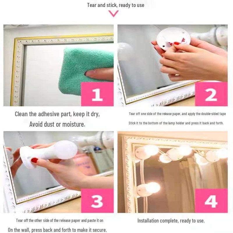 Makeup Vanity Mirror LED Light with Adhesive, No-Punch Installation, and Replaceable Bulb for Bathroom.
