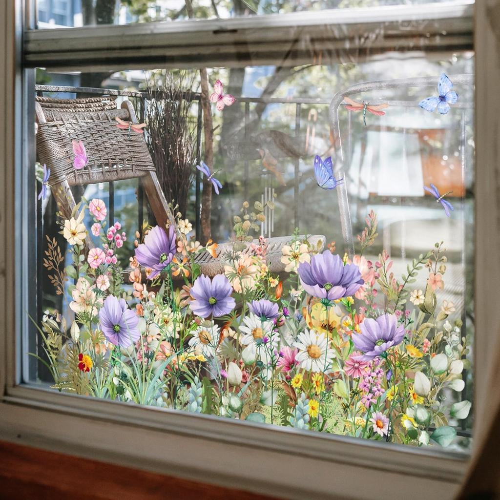 9 Sheets Summer Window Clings Stickers Double-Sided Window Decals Tropical Flamingo Green Plants Coconut Tree Designs Summer Hawaii Colorful Flower