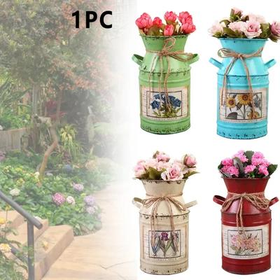 1pcs Garden Plants Flower Vase Iron Bucket Home Decoration Pots Arrangement Craft Rural Style Shabby Gift Wedding Vintage Table