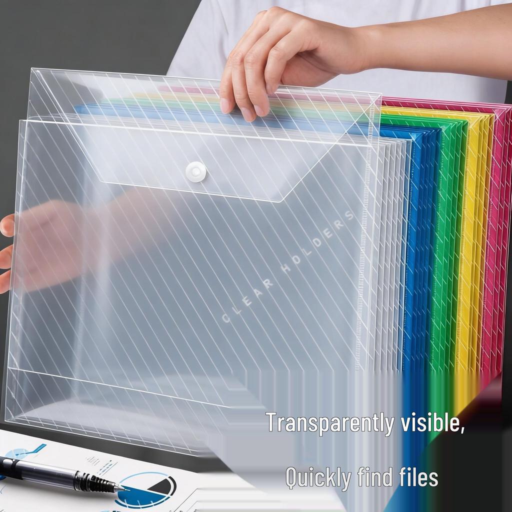 Transparent A4 Snap Button File Bag – Colored, Thickened Document Organizer