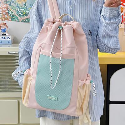 Korean Version Contrast Color Drawstring Canvas Tie Pocket Travel Bag Outdoor Cycling Backpack Female Schoolbag Backpack