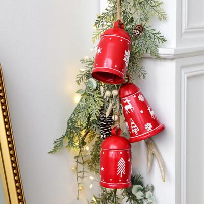 Yousheng 2 Pcs Red Christmas Bells Ornament Vintage Rustic Hanging Bell with Snowflake Reindeer Tree Pattern Handmade Lucky Bell for Home Tree Decor