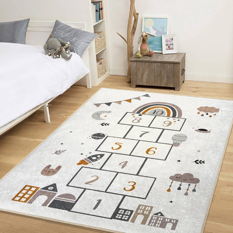 Boho Nordic Kids Room Rug Hopscotch Educational Playroom Carpet Activity Floor Mat for Nursery Game Learning Neutral Design Rug