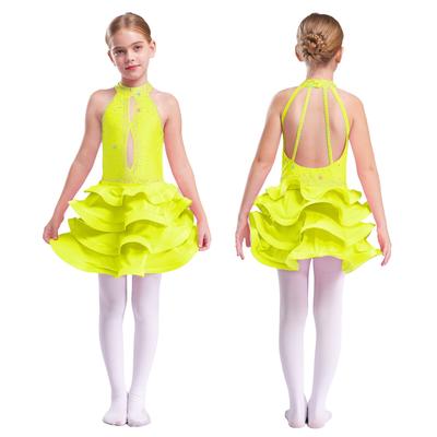 Girls Latin Dance Performance Costume Sleeveless Backless Shiny Rhinestones Tiered Dress Stage Competition Gown