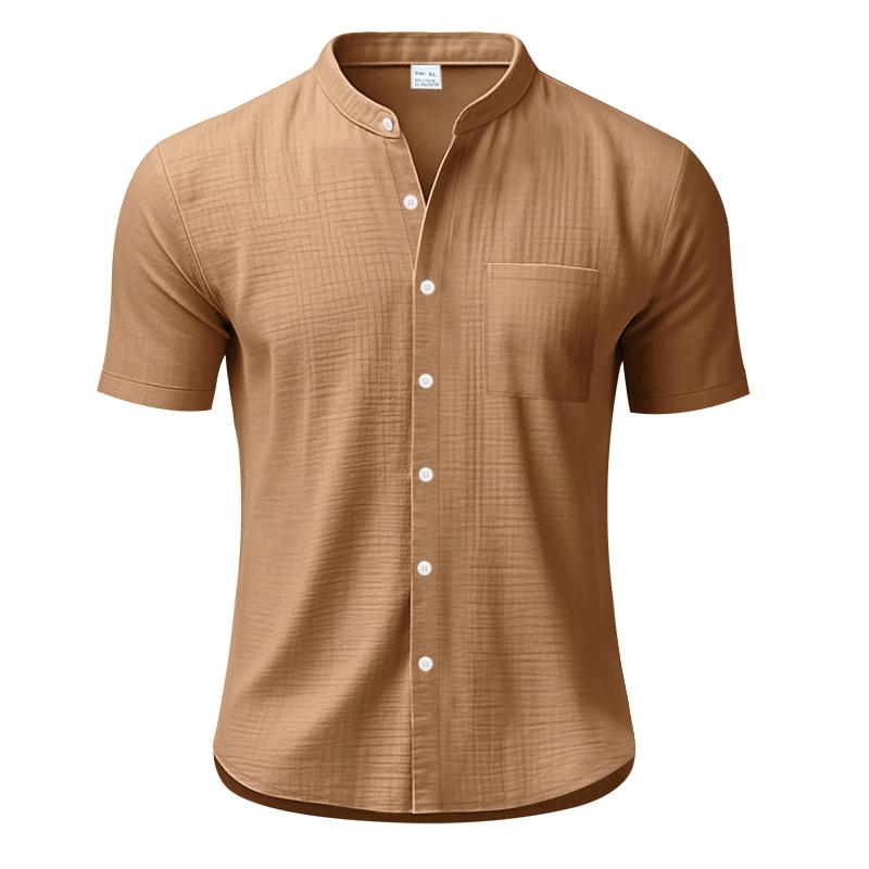 Men Solid Stand Collar Pockets Short Sleeve Loose Casual Shirt S