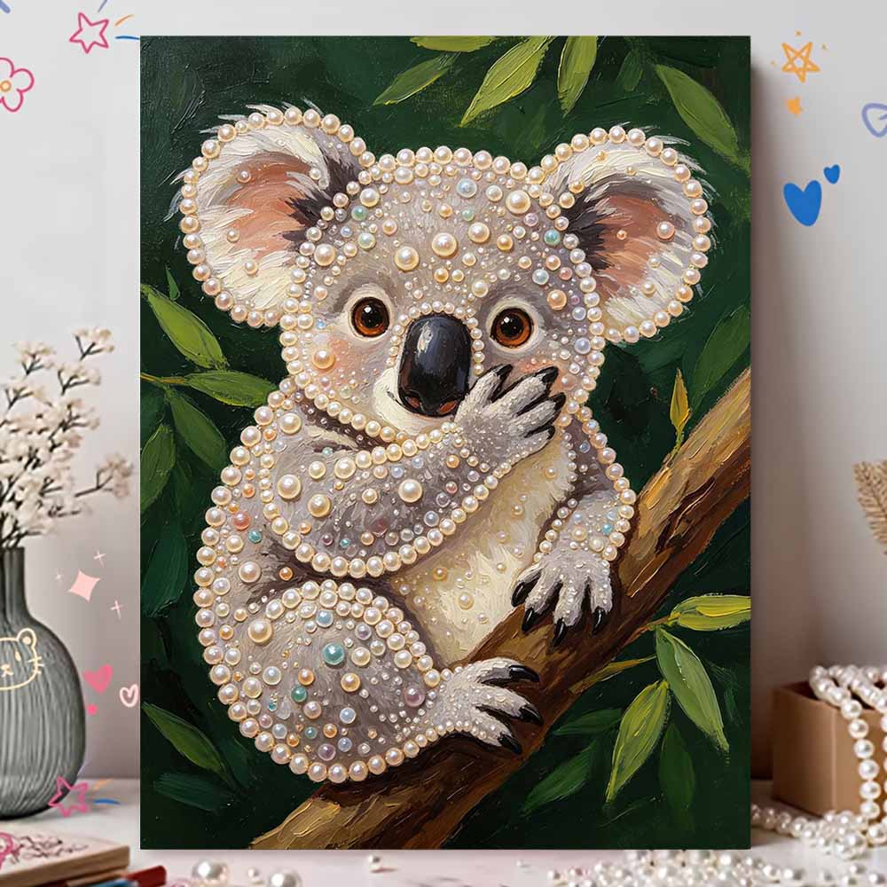 Handmade Framed Pearl Bead Painting Kit Cute Koala Animal 3D Shiny Canvas Art Ready to Display Home Decor Gift Idea Creative Wall Decoration