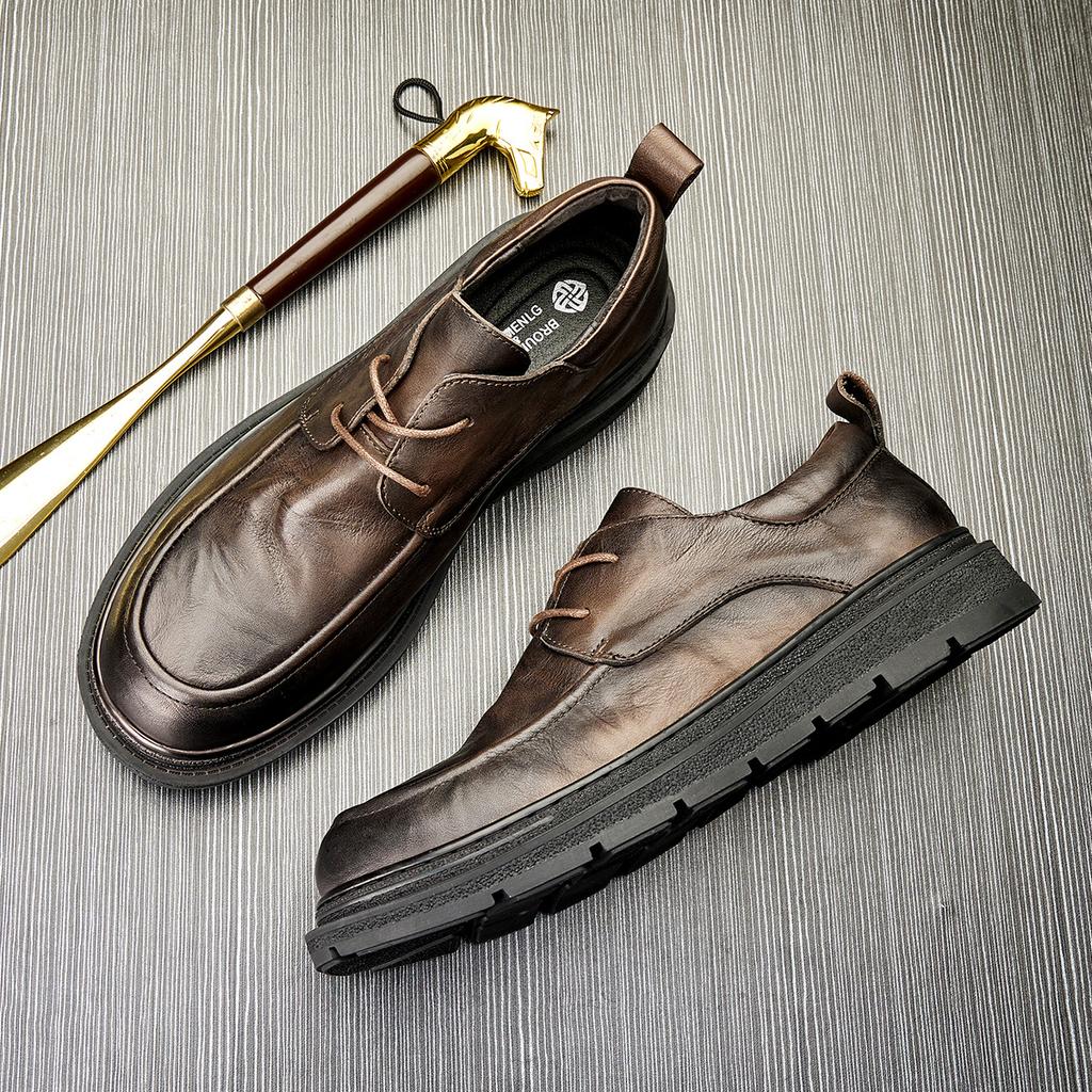 Casual Leather Shoes Men'S Genuine Leather British Style Thick-Soled Breathable Green Business Shoes Lace-Up Round Head Soft Sole Trendy Men'S Shoes