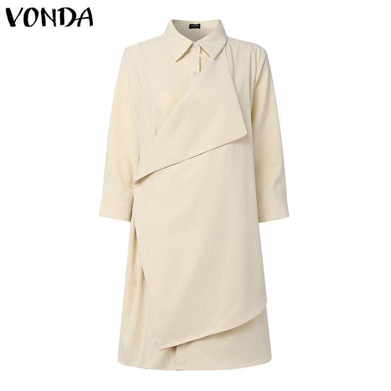 VONDA Women Casual Turn Down Collar Long Sleeve Front Cross Shirt Dress