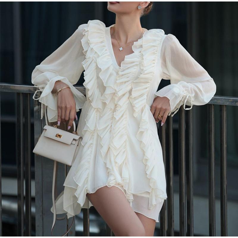 Summer Women Solid Color Pleated Dress Elegant Ruffles V-neck Long Sleeve Mini Dress Fashion Female Fold Casual Beach Party Dress
