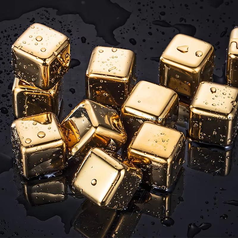 Gold and Siver Metal Cooling Rocks Reusable Ice Cubes Whiskey Steel Ice Cubes 304 Stainless Steel and with Storage Box for Vodka