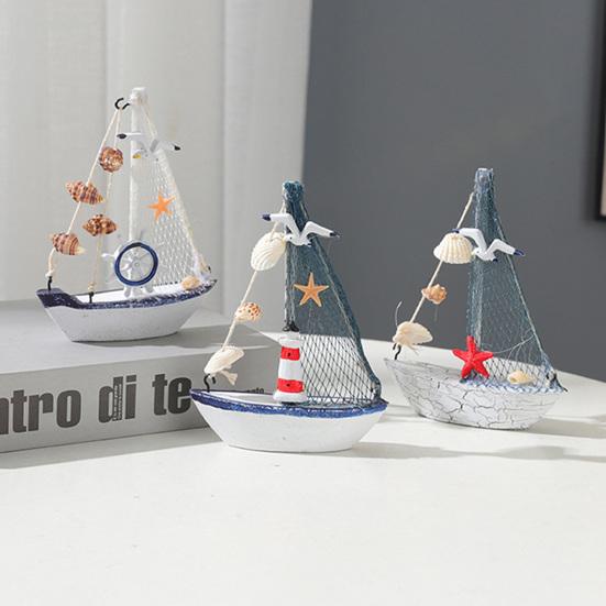 Mini Sailboat Model Nautical Resin Sailing Boat Decoration with Shell Starfish Rustic Vintage Beach Ocean Theme Ship Ornament for Home Office Bedroom