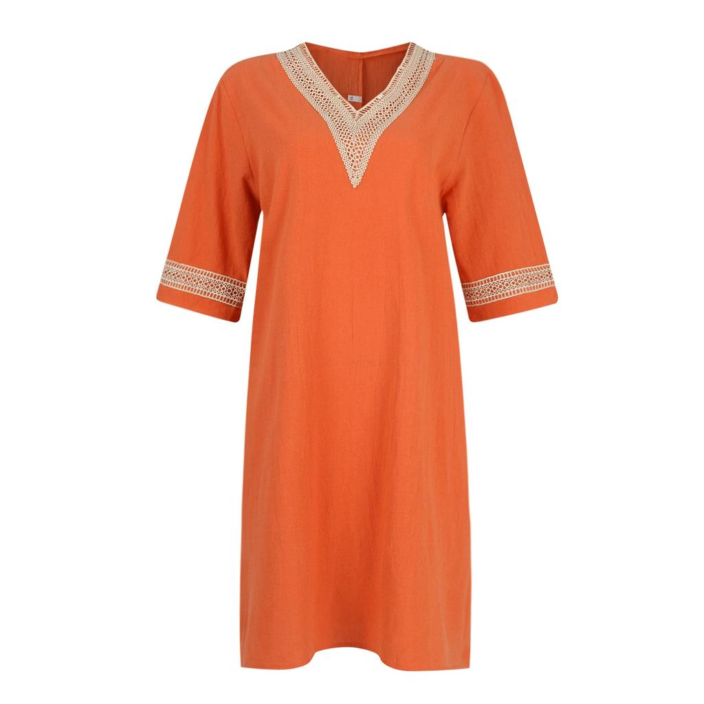 Women's Solid Color V-Neck Lace Medium Sleeved Cotton Linen Casual Dress