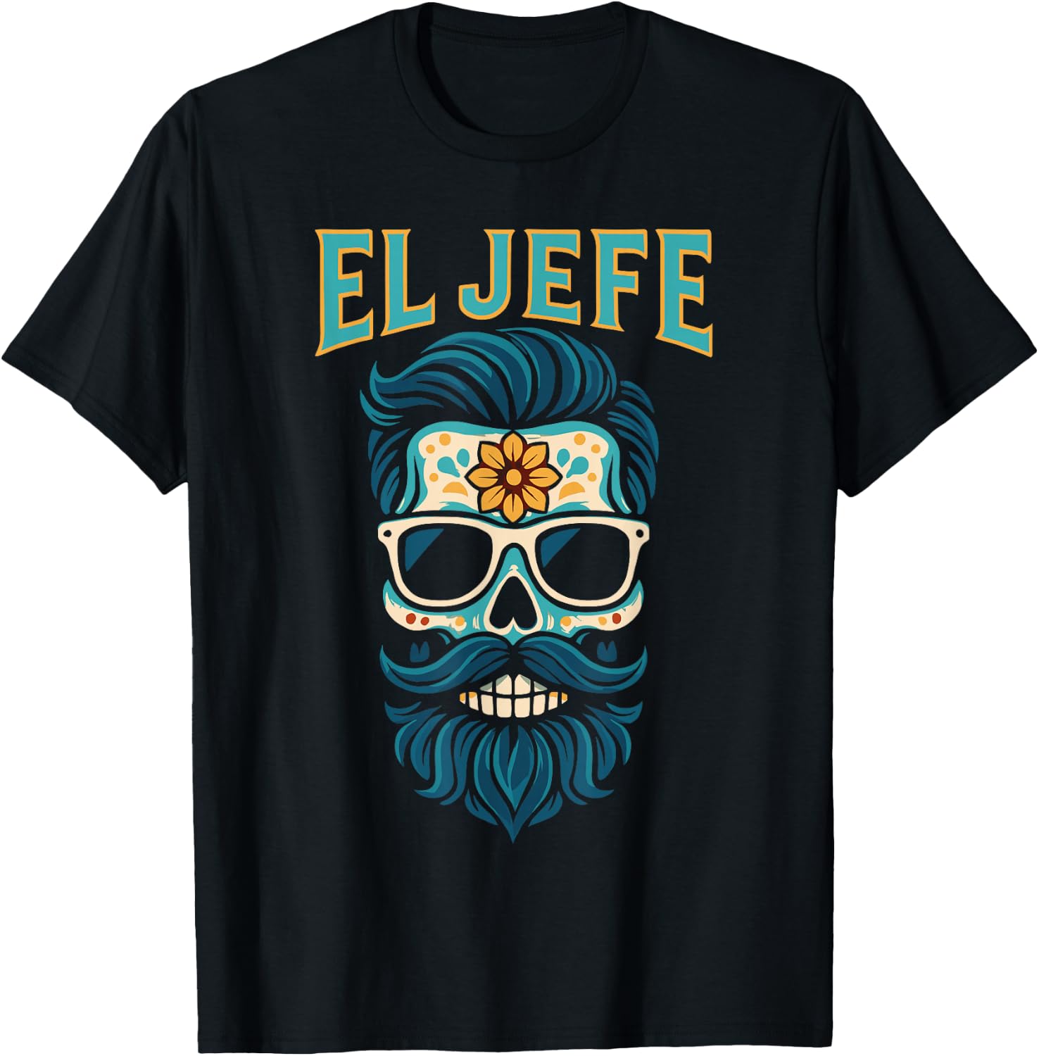 Beard Sugar Skull El Jefe Shirts for Men Dia De Los Muertos T-Shirt S