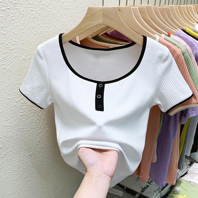 Women's Short-Sleeve Square Neck Spliced T-Shirt - Versatile Korean Style Summer Top