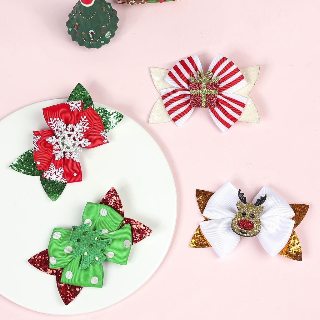4 Inch Christmas Glitter Bow Hair Clip For Children Cartoon Hairpins Baby Reindeer Barrettes Ornament Hairgrip Hair Accessories