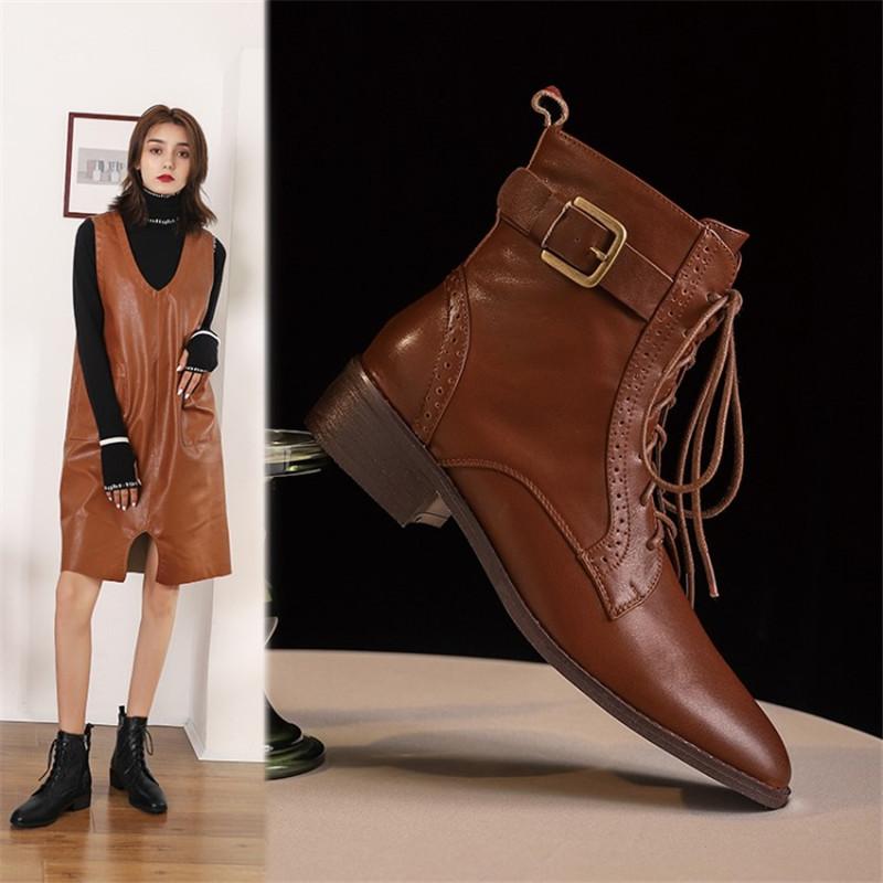 Fashion Women Winter Genuine Leather Ankle Boots Round Toe Women Boots with Zipper Lace Up Chunky Heel Wear-resistant Beef Tendon Bottom