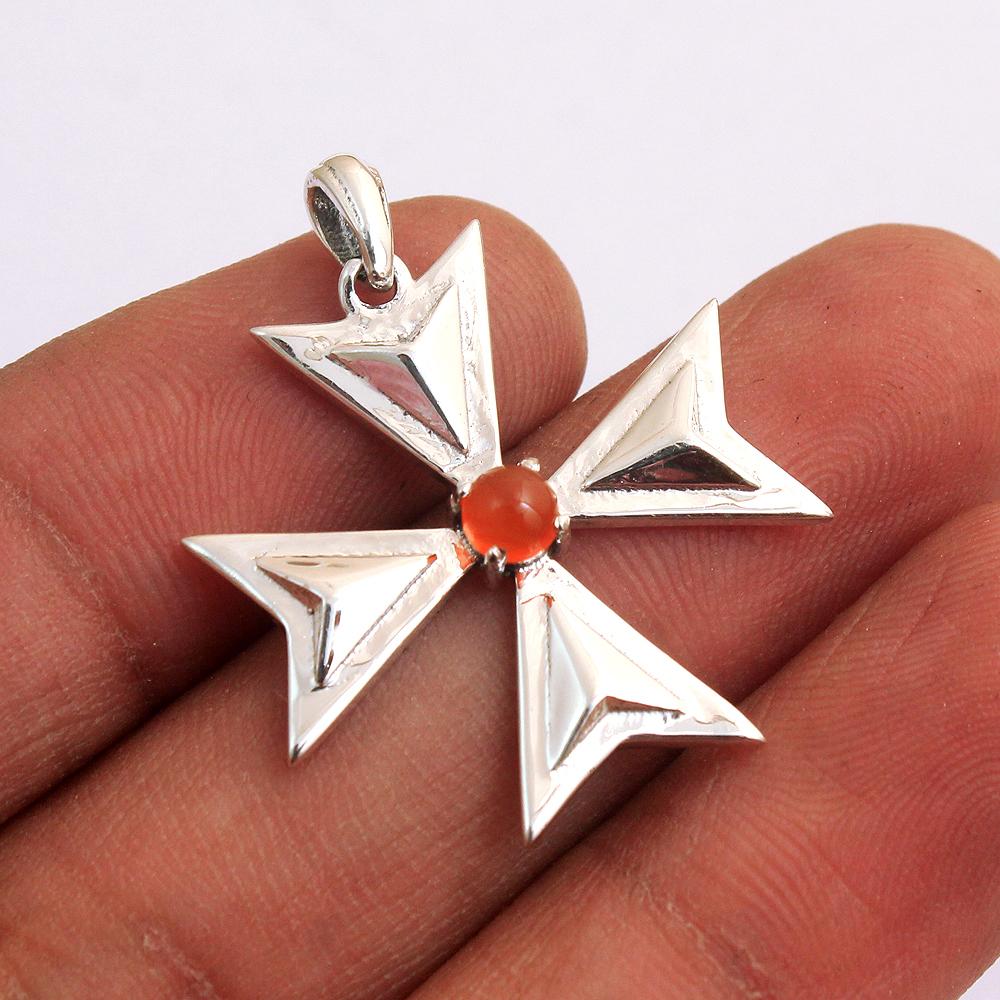 Karneol-Malteserkreuz-Anhänger, 100 % 925er Sterlingsilber, Charm-Anhänger