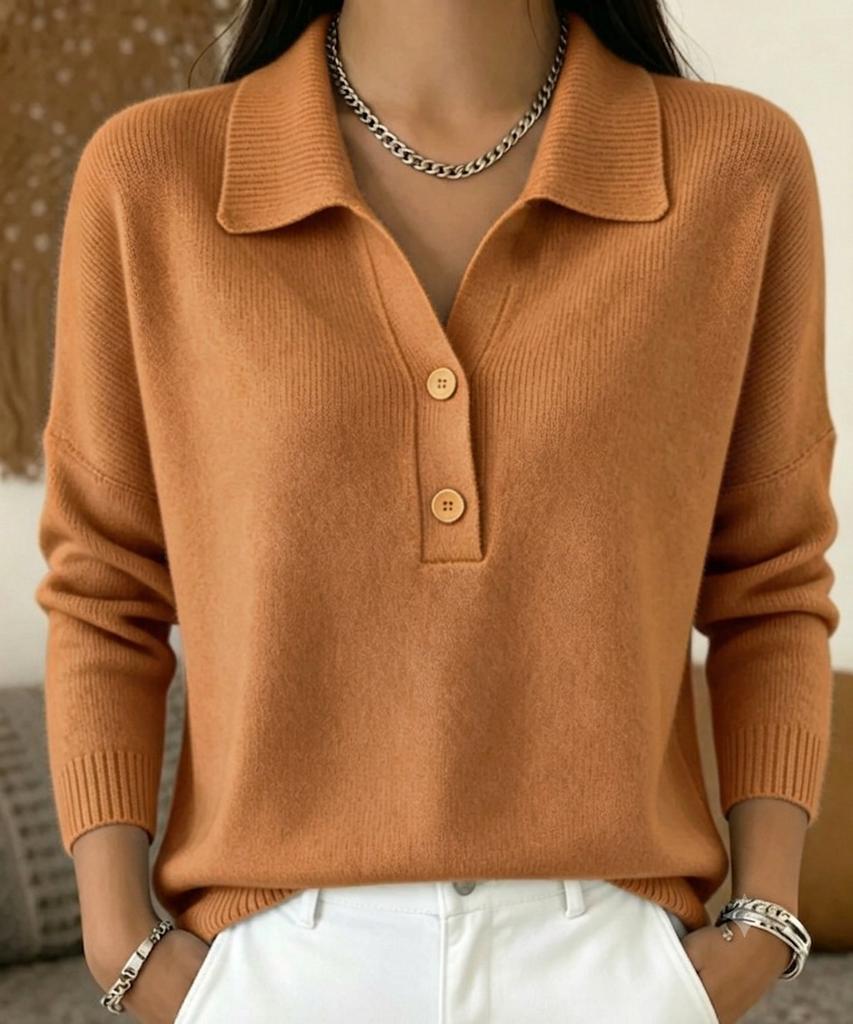 Damski sweter z dzianiny z kołnierzykiem polo, z długim rękawem, zapinany na guziki, gładki, casualowy, wciągany