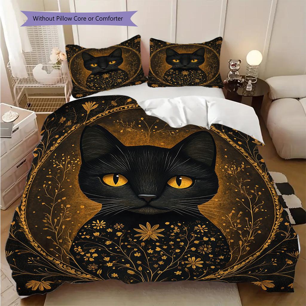 Black Cat Pattern Bedding Quilt Set Quilt Cover Pillowcase Home Decoration Birthday Gift (1 * Duvet Cover + 2 * Pillowcase, Without Core)