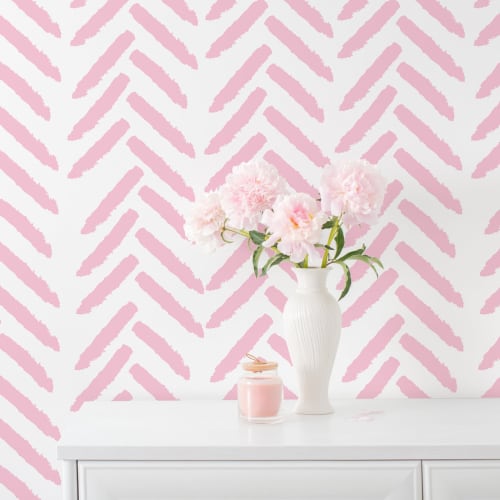 VEELIKE Easy-Stick Wallpaper Stickers, Pink Herringbone Pattern, White, Peelable Wallpaper, Wall Stickers, Waterproof, Heat-Resistant, Thick, Opaque P