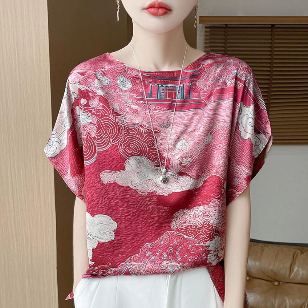 Summer New Women s Fashion T-Shirt Casual And Comfortable Thin Satin Round Neck Ladies Loose Wild Short-Sleeved Shirt S