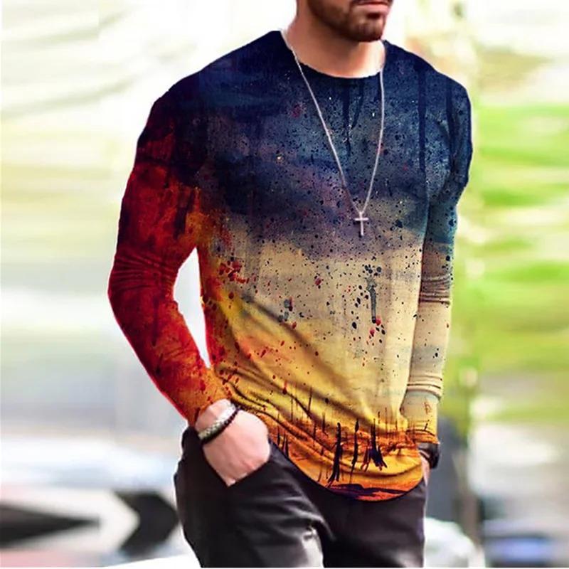

XS-6XL Plus Size Men s Clothing Fashion T-Shirts Autumn Long Sleeve Tie-dye Gradient Street Tee 3D Printing Oversized Male Tops S