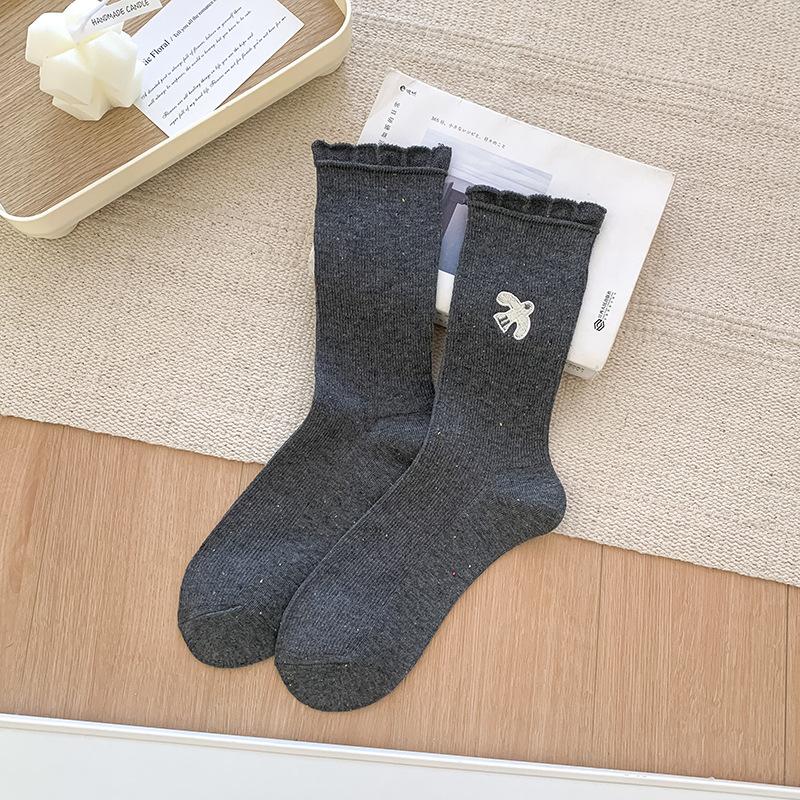 Lace Socks, Women's Summer Thin Mid-calf Socks, Trendy and Cute Embroidered Long Socks, Grey Spring and Autumn Pile Socks