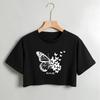 Kurzärmeliges Crop-Top mit Schmetterlingsdruck, Rundhalsausschnitt - Weiche Mischung, Mikrelastisch, Leicht durchscheinend, Sexy Stil - Perfekt für den Frühling