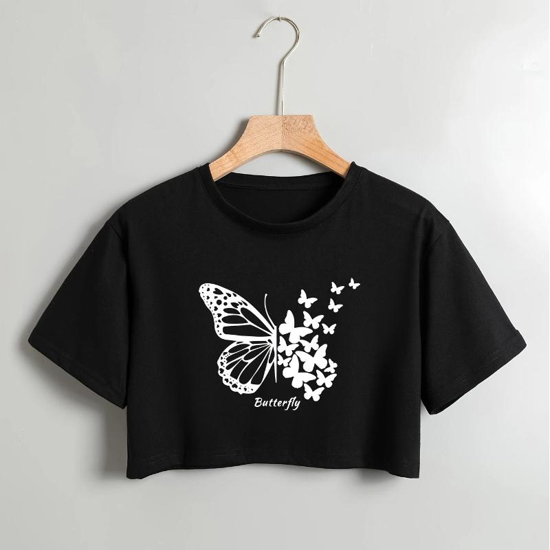 

Short Sleeve Butterfly Print Crew Neck Crop Top - Soft Blend Micro Elasticity Semi-Sheer Sexy Style - Perfect for Spring XS чёрный