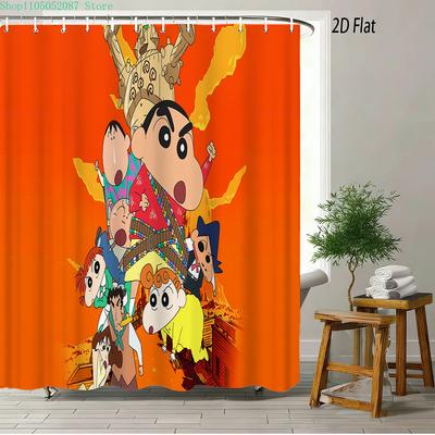Crayon Shin-Chan Movie Adventure 2D Print Waterproof Shower Curtain, Orange Anime Bathroom Decor With Hooks