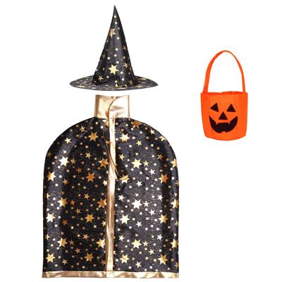 Moerstar Halloween Witch Costume Set, 3-Piece Set for Kids, Includes Cape, Hat, and Pumpkin Bag, Unisex, Perfect for Halloween, Christmas, Parties,