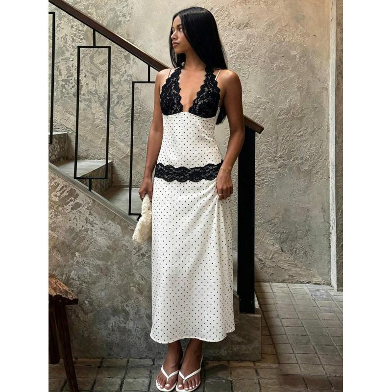 European summer new fashion lace splicing polka dot V-neck sleeveless backless long dress XS