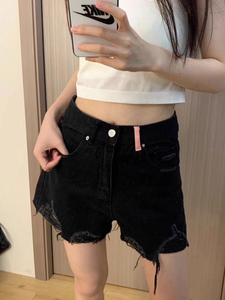 High-Waisted Vintage Ripped Black Denim Shorts - Women's 2025 Wide-Leg Summer Collection.