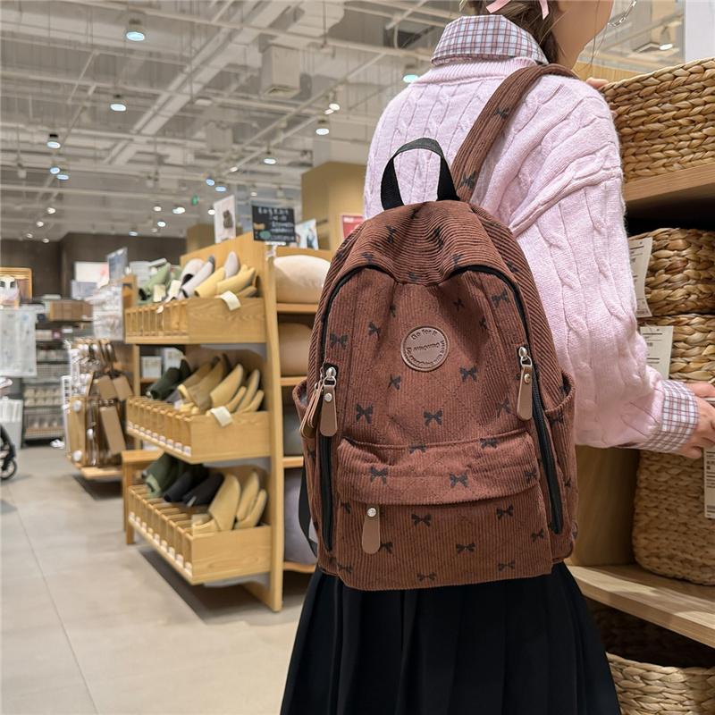 Cute Bow Print Corduroy Backpack for Women Casual Daypack Travel School Bag with Multi Pockets